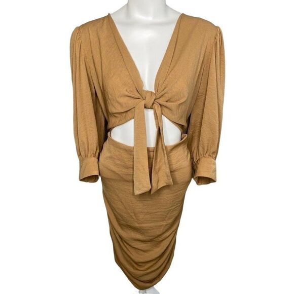 Asos Design Front Tie Cutout Ruched 3/4 Sleeve Mini Dress sz 14 - Picture 1 of 12